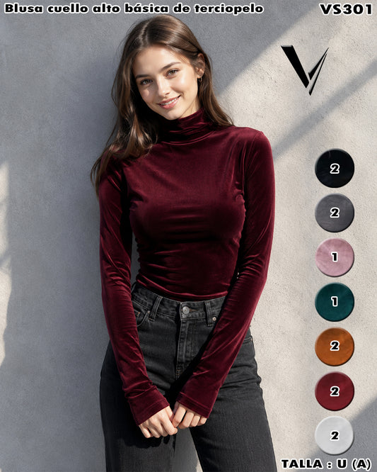 VS301 - Blusa Cuello Alto Básica de Terciopelo