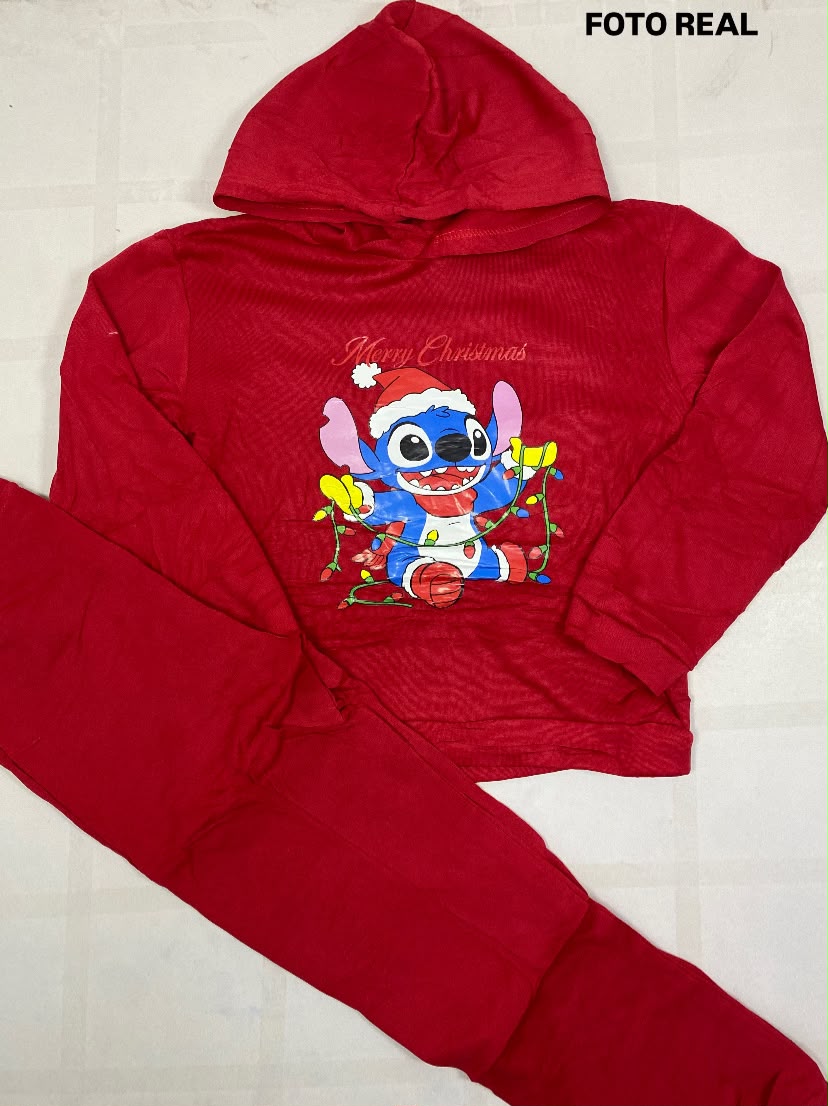 D2919 - Conjunto Navideño Infantil Térmico con Capucha y Estampado de Stitch
