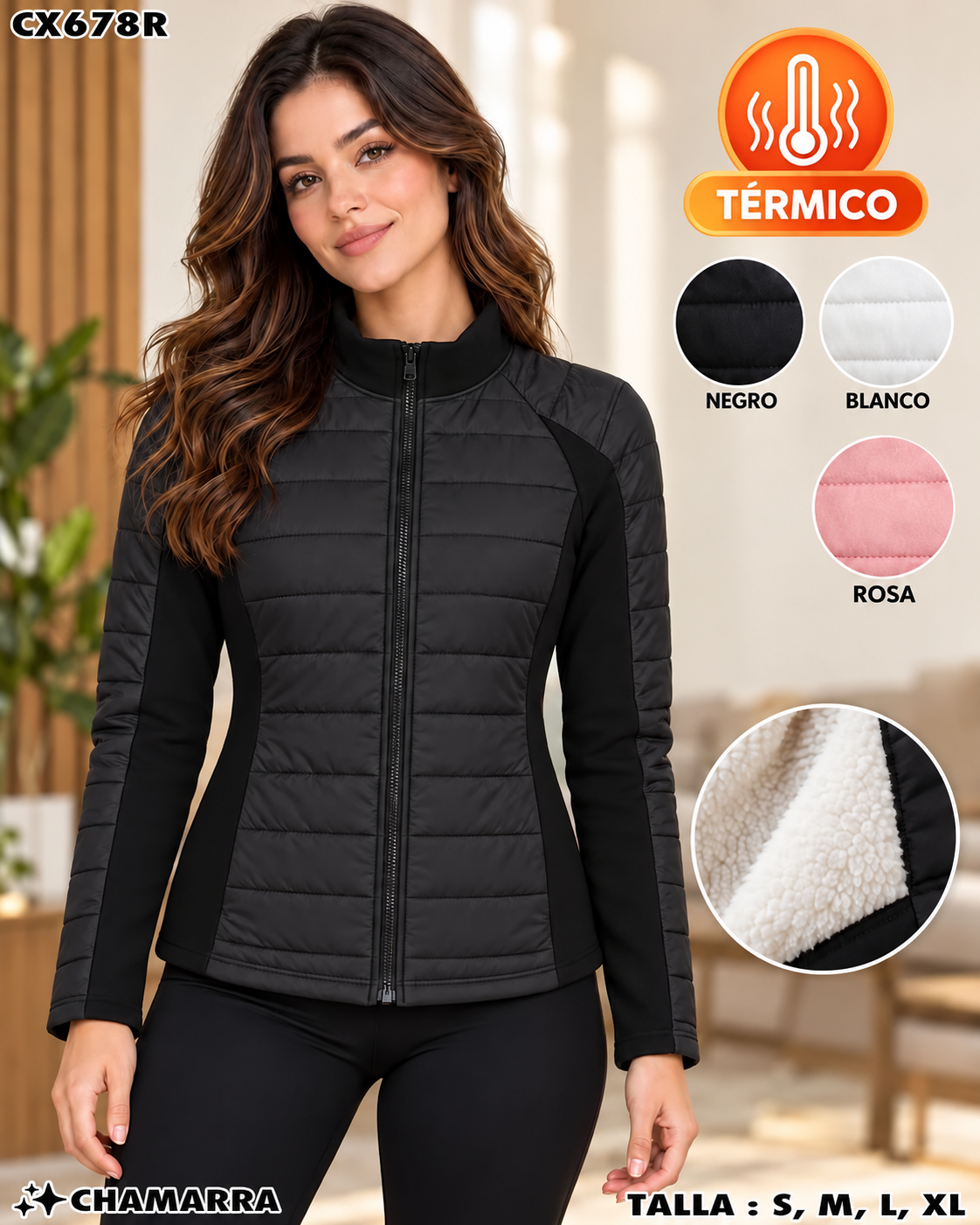 CX678R - Chamarra Térmica de Dama Acolchada con Forro Peludo