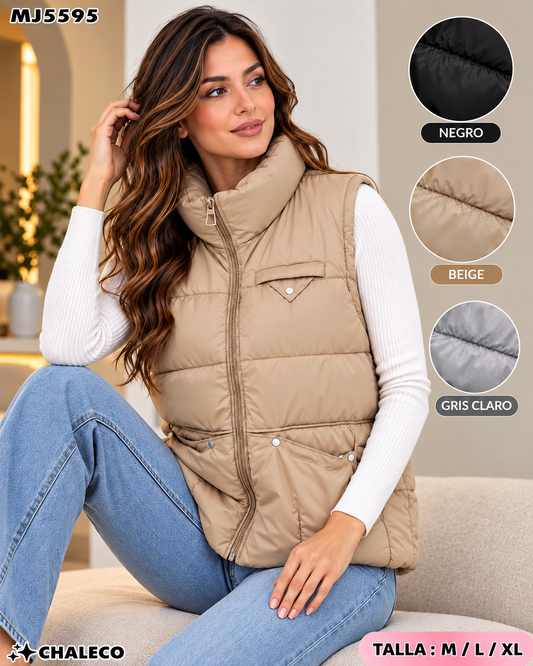 MJ5595 - Chaleco Acolchado con Cuello Alto y Bolsillos para Dama