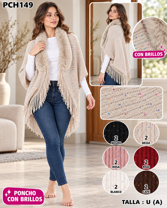 PCH149 - Poncho Tejido para Dama con Cuello de Peluche